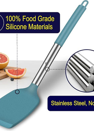 HOTEC Silicone Spatula Set of 2 Heat-Resistant 600°F & BPA-Free Kitchen SaptulaTurner with Stainless Steel Handles, Slotted & Solid Spatulas for Nonstick Cookware, 13.7 Inch, Blue