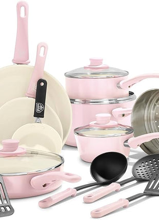 GreenLife 16 Piece Nonstick Cookware Set, Soft Grip Non-Toxic PFAS-Free Ceramic Pots & Pans, Dishwasher & Oven Safe, Frying, Sauce, Saute, Utensils, Glass Lids, Stay-Cool Handles, Wobble Free, Pink