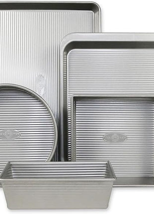 USA Pan Bakeware Aluminzed Steel 5-Piece Set Half, Cookie Sheet, Loaf, Square, Round Cake Pan