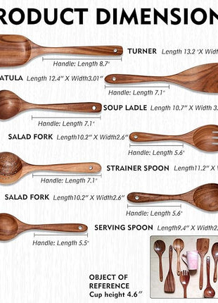 Wooden Non-Stick Kitchen Pan Toolset 7 Pieces Set,100% Natural Teak Kitchen Utensils Spatula, Wooden Cooking Utensils Spoons, Fried Spatula and Salad Fork
