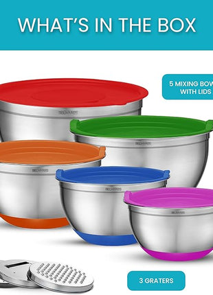 Belwares Mixing Bowls with Lids Set of 5 - Stainless Steel Nesting Bowls with Non-Slip Silicone Bottoms, Airtight Lids & 3 Grater Attachments Kitchen Baking Bowls for Food Prep & Storage (Colorful)