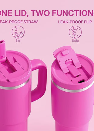 ENCOOL 40 oz Tumbler with Handle and Straw: Stainless Steel Insulated Tumbler Keeps Cold for 24 Hours, Leakproof Travel Cup Fits in Cup Holder and BPA-Free,Persian Rose