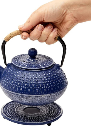 Juvale Cast Iron Teapot with Infuser - Blue, 27 oz (800 mL) - Stovetop Tea Kettle for Loose Leaf Tea - Includes Stainless Steel Infuser & Trivet