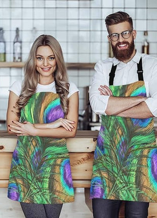 EKOBLA Peacock Feathers Aprons Animal Beautiful Colorful Digital Paint Shiny Green Purple Waterproof Resistant Chef Cooking Kitchen BBQ Adjustable Aprons for Women Men 27x31 Inch