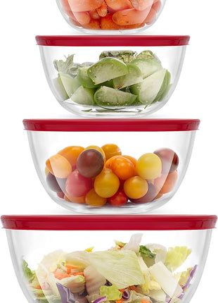 JoyJolt Kitchen Mixing Bowls - 8pc Glass with Lids Set – Neat Nesting Large Bowl Batter Cooking Storage and Big Salad BPA-Free Red