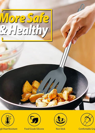 Pack of 4 Silicone Cooking Utensils Set, Non Stick Large Solid Spatulas, Heat Resistant Gray Slotted Spoons, Ideal BPA Free Kitchen Turners for Frying, Mixing,Serving,Draining,Turning,Stirring
