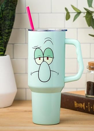 Silver Buffalo SpongeBob SquarePants Stainless Steel Tumbler with Handle Featuring Squidward, Fits in Standard Cup Holder, 40 Ounces