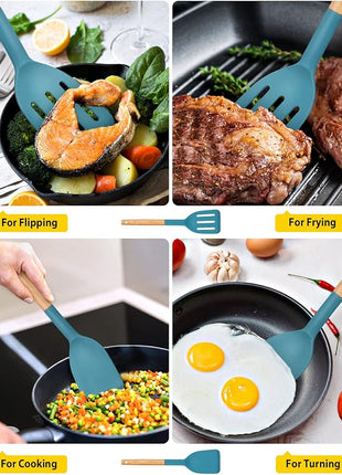 Pack of 2 Silicone Cooking Spatula, Heat Resistant Solid Turner, Non Stick Slotted Spatulas with Wooden Short Handle,Ideal Wood Kitchen Utensils Set for Frying, Baking, Flipping, Turning