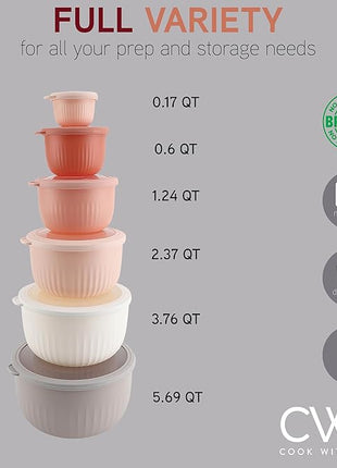 COOK WITH COLOR Prep Bowls with Lids- Wide and Deep Nesting Plastic Small Mixing Bowl Set with Lids, 12 Piece Set - Deep Bowls, Grey/Pink