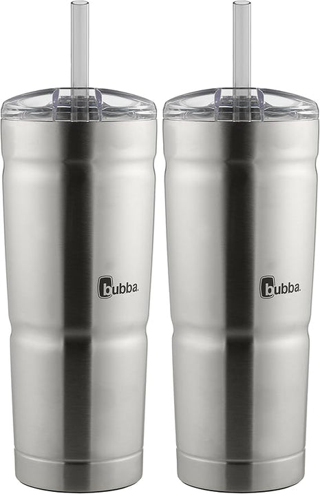 Bubba Brands Envy S Vacuum-Insulated Stainless Steel Tumbler, 24oz with Lid and Straw, BPA-Free, Ideal for Iced Coffee or Water, Travel-Friendly, Steel/Clear (Pack of 2)
