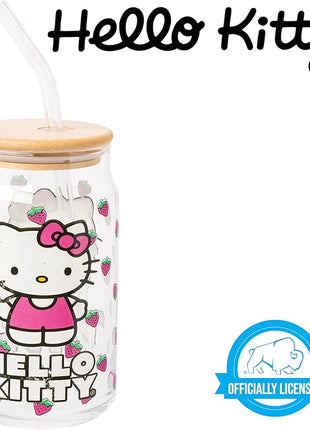 Silver Buffalo Sanrio Hello Kitty Strawberry Glass Jar Tumbler with Bamboo Lid and Glass Straw, 16 Ounces (Pack of 12)