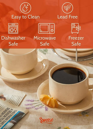 Sweese 8oz Porcelain Cappuccino Cups Set with Saucers, Metal Stand - Stackable, Durable for Coffee, Latte, Tea - Beige, 4 Pack