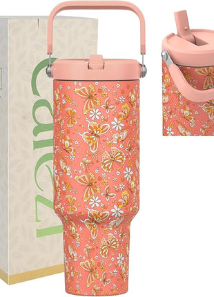 40 oz Tumbler with Handle and Straw, Vacuum Insulated Tumblers with Flip Straw and Top Handle, Reusable Insulated Cup for Home, Outdoors, Leakproof, Fits in Cup Holder, Cold for 30 Hours