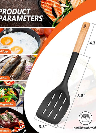 Pack of 2 Silicone Spatula, Non Stick Cooking Utensil Set Wooden Handle Kitchen Turner for Baking Mixing Grilling Serving Food Heat Resistant Non Scratch Hooks Included (Black)