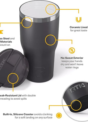 RTIC 30oz Essential Tumbler with Lid, Ceramic Lined, Insulated, Stainless Steel, Metal, Double Wall Vacuum-Insulation, Travel Cup for Iced Coffee, Tea, Hot and Cold Drink, Graphite