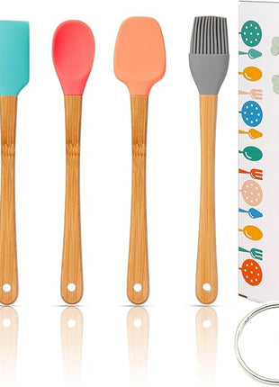 KSENDALO Small Spatulas for Kitchen Use,Silicone Mini Spatula Small Rubber Scraper Heat Resistant Tiny Spatula for Baking Cookie with Bamboo Handle, Colorful