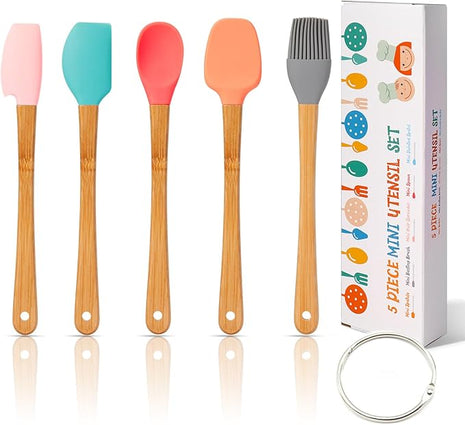 KSENDALO Small Spatulas for Kitchen Use,Silicone Mini Spatula Small Rubber Scraper Heat Resistant Tiny Spatula for Baking Cookie with Bamboo Handle, Colorful