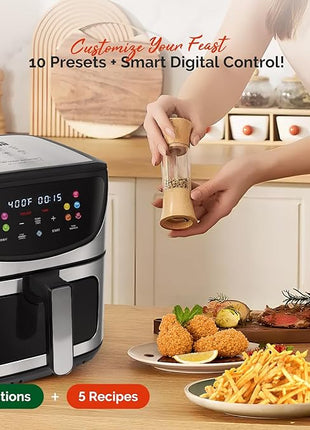 8.5QT Air Fryer, View Window, Multifunctional Large Family Size Capacity for 4-8 People, Stainless Steel Square Basket, 10-in-1 Smart Digital Presets for Air frying, Bake, Roast, Reheat