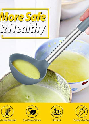 Pack of 2 Ladle Spoon,Silicone Large Spoon for Soup,Non Stick Kitchen Utensils with High Heat Resistant,BPA Free Perfect Kitchen Tools for Cooking, Stirring,Serving Soups (GREY-BLUE)