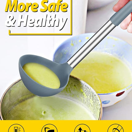 Pack of 2 Ladle Spoon,Silicone Large Spoon for Soup,Non Stick Kitchen Utensils with High Heat Resistant,BPA Free Perfect Kitchen Tools for Cooking, Stirring,Serving Soups (GREY-BLUE)