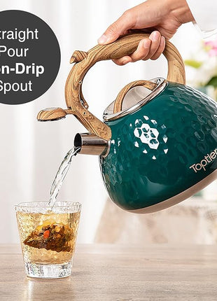 Tea Kettle, Toptier Teapot Whistling Kettle with Wood Pattern Handle Loud Whistle, Food Grade Stainless Steel Tea Pot for Stovetops Induction Diamond Design Water Kettle, 2.7-Quart Dark Green