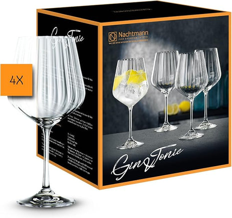 Nachtmann Celebration Gin & Tonic Glasses – Set of 4 Lead-Free 22.5 oz Large Crystal Goblets with Vertical Contour Detailing, Refined Stemware for Cocktails, Entertaining, Parties, Home Bars