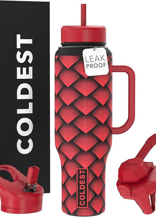 Coldest Tumbler with Handle and Straw, 100% Spill Proof Tumbler with Straw (3 Lids), Stainless Steel Insulated Leakproof Tumblers for Women Men, Cup Holder Friendly, 46 oz (Red Dragon)