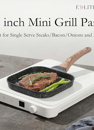 ESLITE LIFE 7 Inch Nonstick Small Grill Pan for Indoor Cooking, Versatile Induction Square Grilling Skillet Steak Pan for Stove Tops, PTFE & PFOA Free, Black