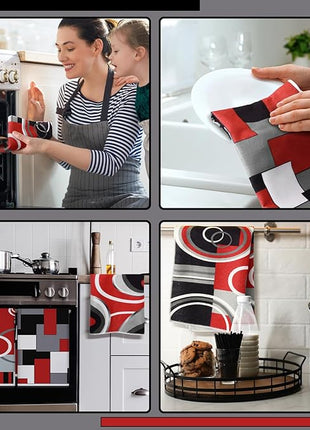 Boyiee Set of 6 Red Black Grey White Kitchen Towels Modern Geometric Dish Hand Towels 24 x 16 Inches Gifts Decorative Tea Cloth Gifts for Farmhouse Kitchen Bathroom Decorations