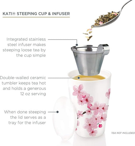 Tea Forte Double-Walled Ceramic Kati Cup, Removable Stainless Steel Infuser Basket and Lid, Steeps 12 oz Loose Leaf Tea, Dishwasher & Microwave Safe, Hanami