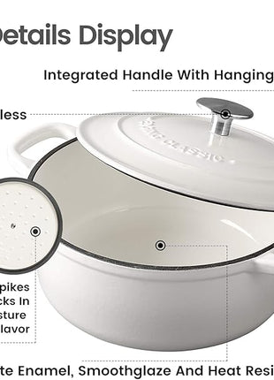 Dutch Ovens Enameled Cast Iron Covered 5.5 Quart Dutch Oven with Dual Handle for Bread Baking, White