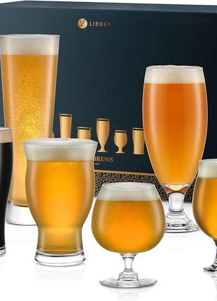 Libbey Craft Brews Assorted Beer Glasses Set of 6 with Gift Box – Lead‑Free Specialty Beer Glassware for IPA, Stout, Wheat, Lager, Sour & High‑ABV – Dishwasher Safe