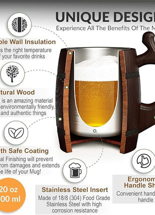 Set of 6 Beer Mug 20 OZ - Tankard Mug - Beer stein - Wooden beer mug - Stainless Steel Cup - Handmade Gifts for Men - Fathers Day, Christmas or Birthday Gift Idea - Barrel Brown