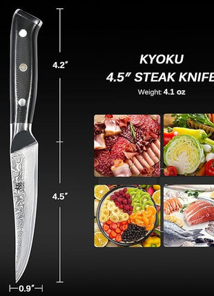 KYOKU Damascus Non-Serrated Steak Knives Set of 4 - Shogun Series - Japanese VG10 Steel - with Sheath & Case