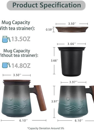ZENS Embossed Ceramic Tea Mug with Infuser and Lid, 14.5 oz Wooden Handle, Loose Leaf Tea Steeper Cup & Strainer for Tea Lovers Gifts