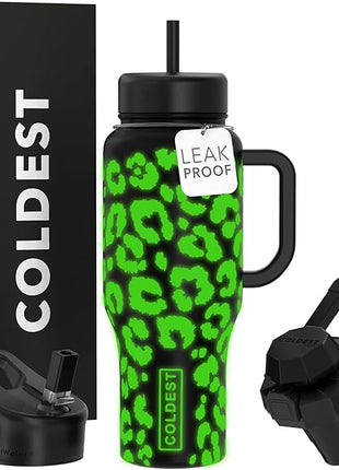 Coldest Tumbler with Handle and Straw, 100% Leak Proof Insulated Tumbler with Lid and Straw (3 Lids), Stainless Steel Tumblers for Women & Men, Cup Holder Friendly, 36 oz (Glowie Leopard)