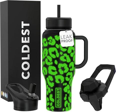 Coldest Tumbler with Handle and Straw, 100% Leak Proof Insulated Tumbler with Lid and Straw (3 Lids), Stainless Steel Tumblers for Women & Men, Cup Holder Friendly, 36 oz (Glowie Leopard)