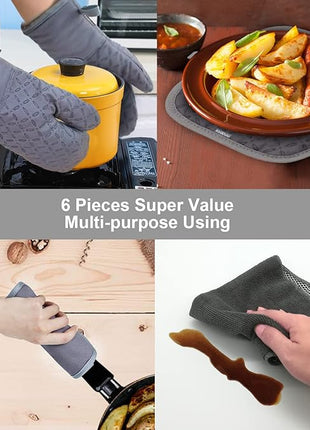 KEGOUU Oven Mitts and Pot Holders 6pcs Set, Kitchen Oven Glove High Heat Resistant 500 Degree Extra Long Oven Mitts and Potholder with Non-Slip Silicone Surface for Cooking (Grey)