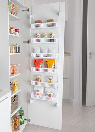 Smart Design Over-The-Door Organizer for Storage – Perfect for Pantry Organization, Bedroom, Bathroom Storage, Playroom, or Kitchen - Adjustable Steel Frame with 6 Baskets & Wall Mount – White