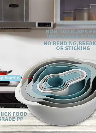 Plastic Mixing Bowls - Multicolored Mixing Bowl Set of 8, Nest for Easy Storage, Inculding Measuring Cups, Colander, Sifter, Large Bowl, Great for Cooking and Baking, Rv Camping Accessories, No BPA