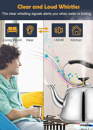 Tea Kettle Stovetop Whistling Teakettle ClassicTeapot Stainless Steel Tea Pots for Stove Top with Heat-resistant Folding Handle Mirror Finish, 2 liters