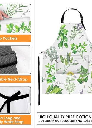 Britimes Apron Home Kitchen Cooking Baking Gardening for Women Men With Pockets Herbs Leaf Natural Gardening Basil 32x28 inch