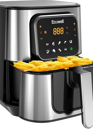 ECOWELL Air Fryer,Compact Large 6 Quart,Stainless Steel Air Fryer, 8 Food Presets,Touch Screen,BPA-Free, Up to 95% Less Oil*, Roast,Bake, Dry, Reheat,Broil, 120V,Dishwasher-Safe 1700W, Black, TXS5T2