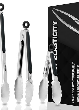 Anaeat Premium Kitchen Locking Tong Set of 3 - Heavy Duty Stainless Steel Food Tongs with Long Handle & Non-Slip Silicone Grip for Cooking, Baking, Grilling - Heat Resistant up to 480°F