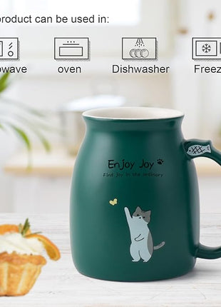 Cute Cat Cup Ceramic Coffee Mug with Kawaii Cat Wooden Lid, Lovely Stainless Steel Spoon, Anime Kitty Thicken Wooden Coaster, Christmas Birthday Cute Thing Japanese Mug 16oz (Green)