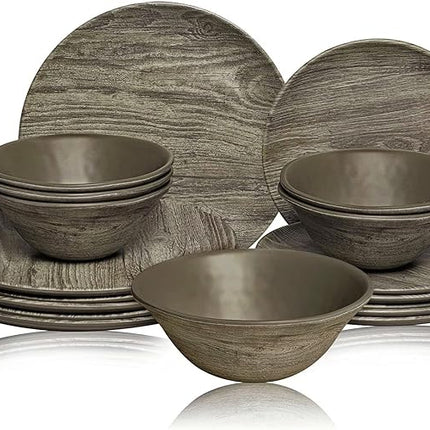 TP 18-Piece Dinnerware Set, Melamine Dishes Set with Bowls and Plates, Service for 6, Non-breakable Lightweight Dining Tableware, Grayish-brown Wood Grain