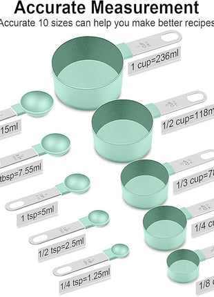 Measuring Cups and Spoons Set, Stackable Cups and Spoons, 10 Pieces Nesting Measure Cups with Stainless Steel Handle, Kitchen Gadgets for Cooking & Baking, Lake Green