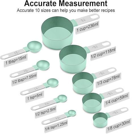 Measuring Cups and Spoons Set, Stackable Cups and Spoons, 10 Pieces Nesting Measure Cups with Stainless Steel Handle, Kitchen Gadgets for Cooking & Baking, Lake Green