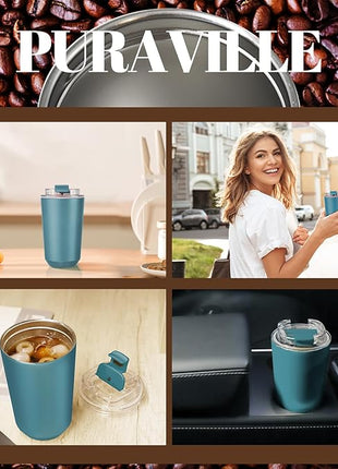 Puraville Insulated Tumblers with Lid, 14 oz Travel Coffee Mug Stainless Steel Vacuum Cup, Leak Proof Reusable Double Walled Coffee Tumbler for Iced and Hot Drinks, Peacock Blue