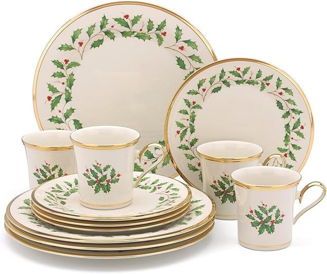 Lenox Dinnerware Set, Holiday 12-Piece Set, Service For 4, Porcelain Plate, Berry Motif With 24-Karat Gold Accents, Christmas Dinner Plates, Salad Plates And Mugs, Dishwasher Safe (Assorted, 12 Piece)